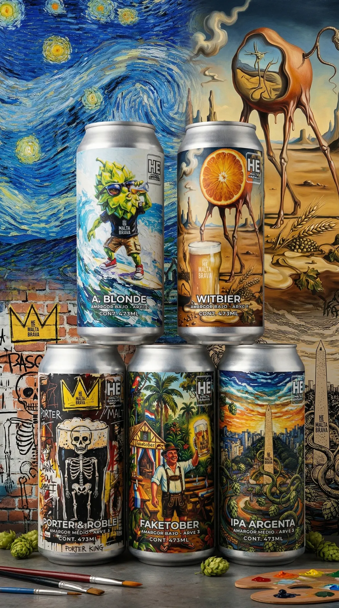 Las cinco latas de Malta Brava: A. Blonde, Witbier, Porter & Roble, Faketober e IPA Argenta
